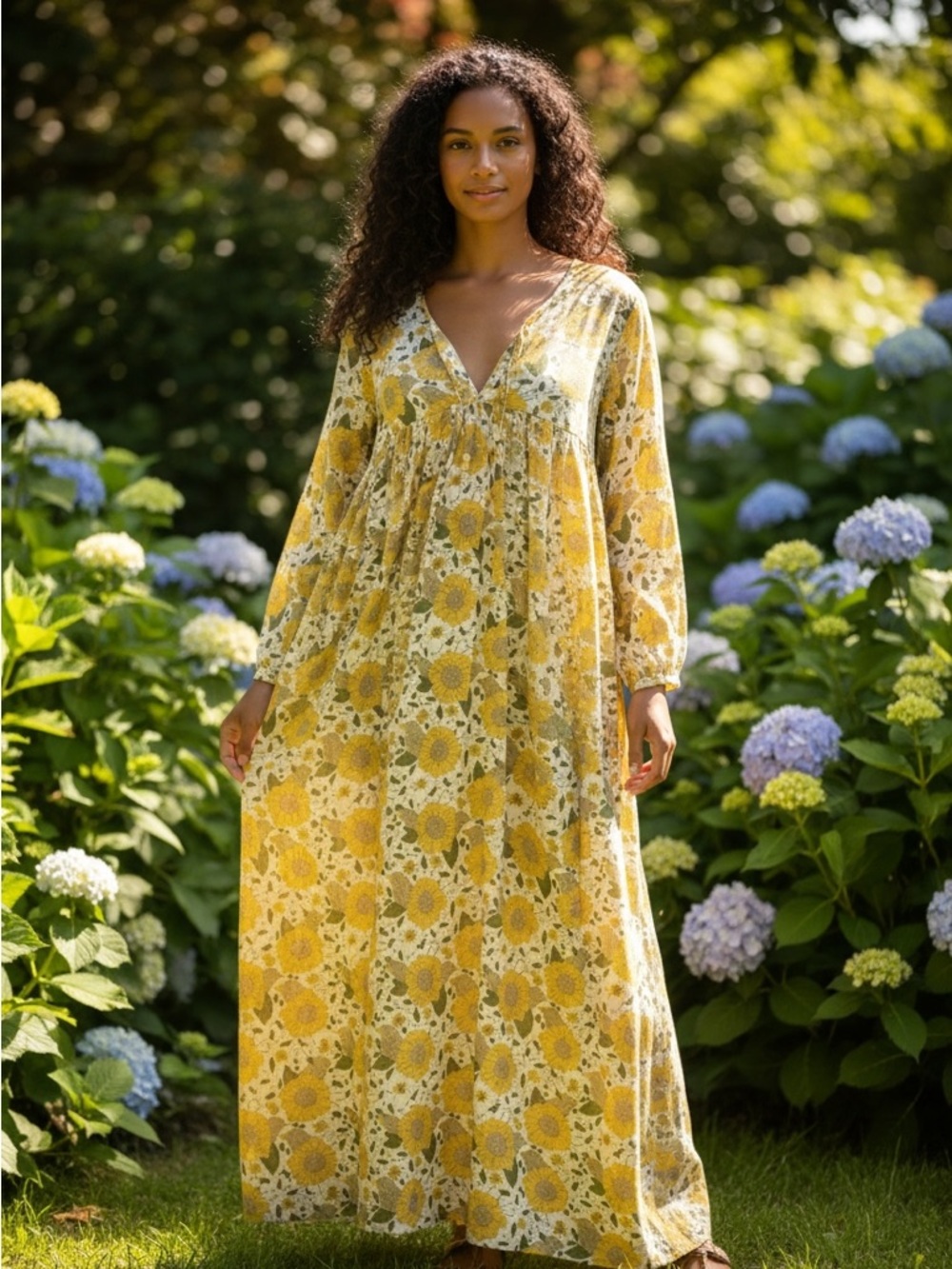 Long Sleeve Floral Midi Dress in Mustard Yellow